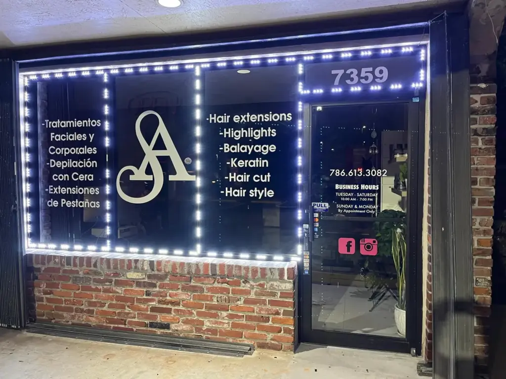 Salon Window LEDs & Graphics – Window vinyl + LED screen by World Signs USA, South Florida